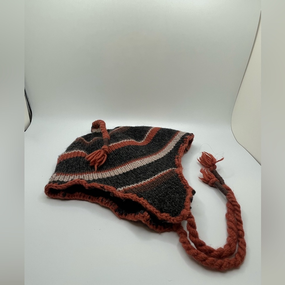 Black and Brown Wool Blend Cozy Striped knit Winter Hat with Earflaps OS - Picture 2 of 6